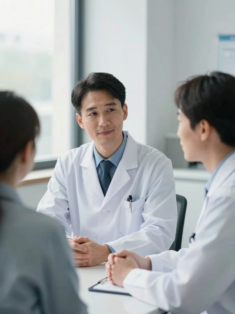Honest eye-level portrait of a clinical researcher and a patient advocate collaborating in a sunlit meeting room, soft natural window light