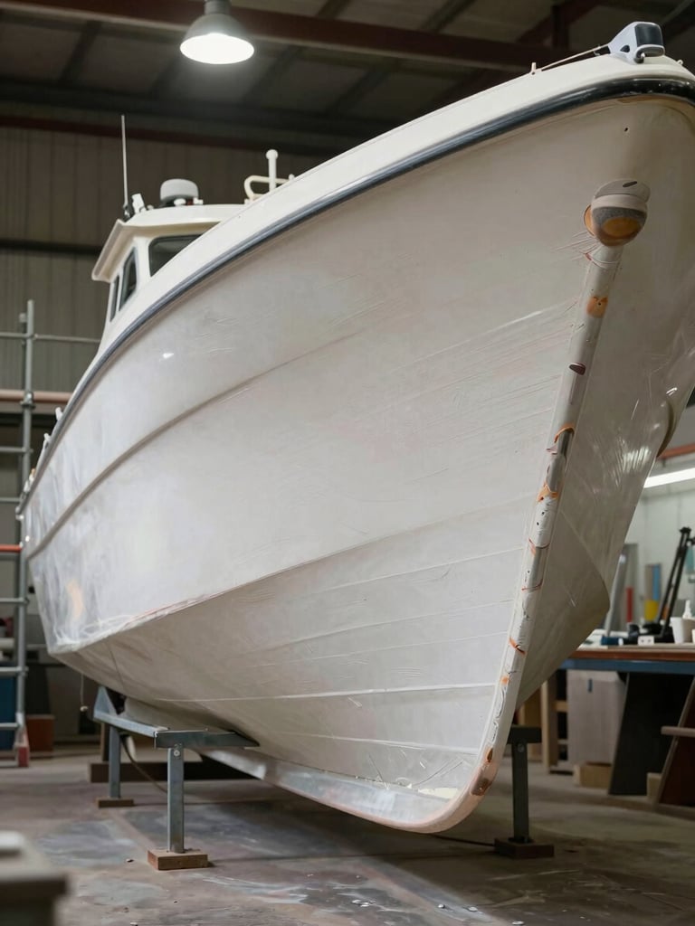 Wide vertical shot of a boat hull resting on stands inside the workshop, scaffolding on the left edge, bare fiberglass layers visible where sanding has begun, tungsten work lights overhead, no people, serious documentary atmosphere