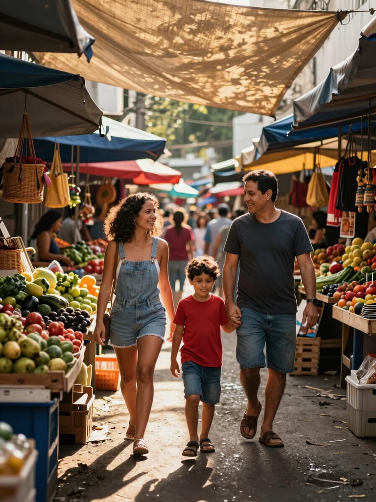 Wide environmental shot of a Brazilian family — parents and two children — navigating a vibrant outdoor street market in São Paulo, golden afternoon light filtering through canvas awnings, stalls of colorful produce and crafts filling the frame, shot from eye level showing the family mid-step, genuine delight on their faces, not posed