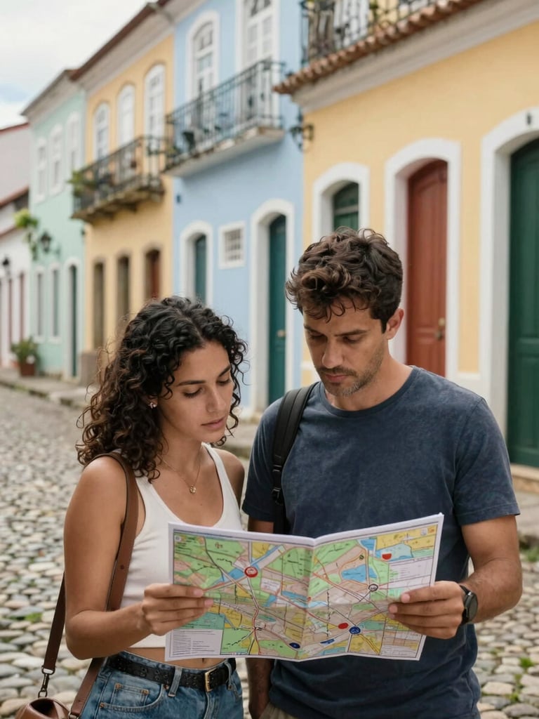 Close-up of a couple at a colorful cultural landmark in Pelourinho, Salvador, Bahia — cobblestone street, pastel-painted colonial buildings behind them, natural midday light, shot from slightly above eye level, genuine moment of looking at a map together, not posing for camera