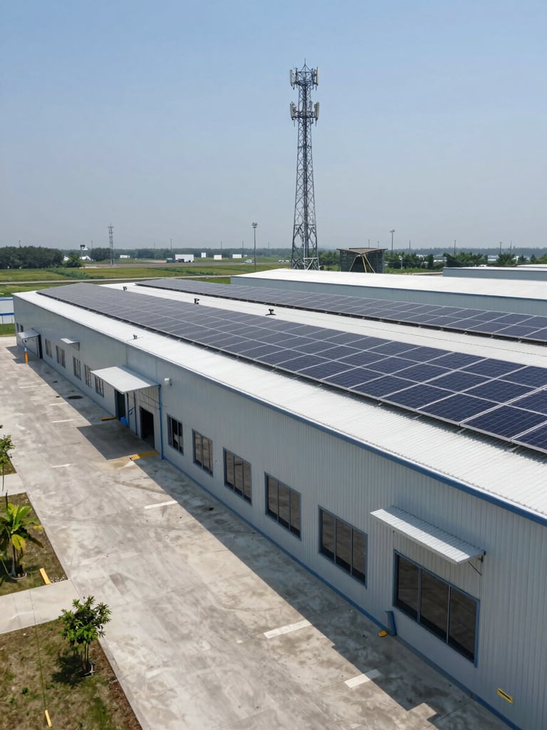 Wide-angle architectural shot of a modern agro-industrial fulfillment center with solar panels on the roof, clean concrete driveway, and a high-voltage telecom tower in the background under clear daylight.