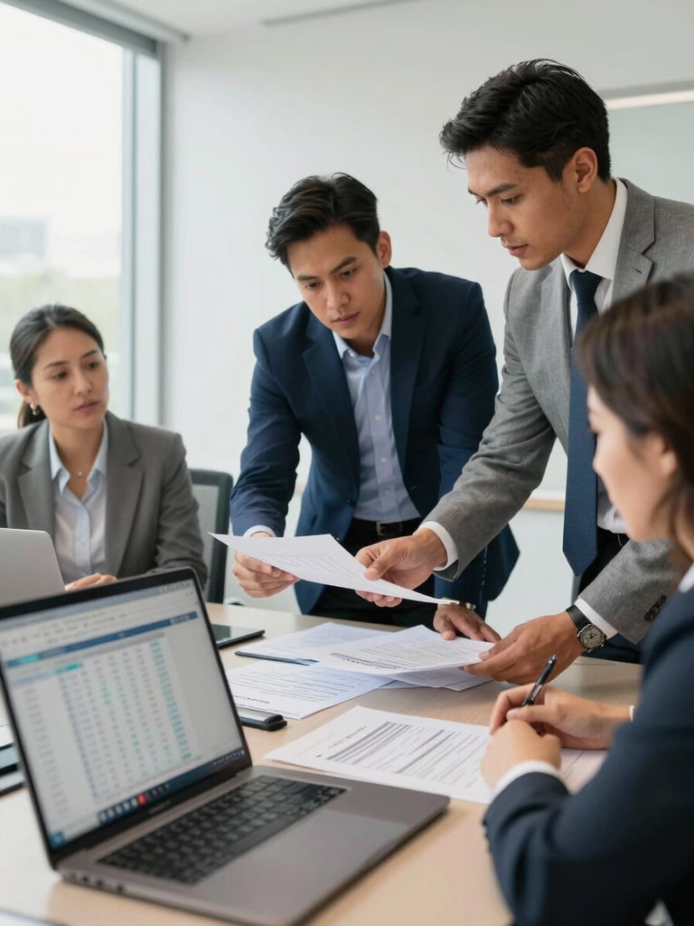 Medium environmental shot of a diverse Colombian HR team in a bright modern conference room, two professionals reviewing printed documents at a table under natural window light, a laptop open in the foreground showing a spreadsheet, institutional and focused atmosphere, no one looking at camera