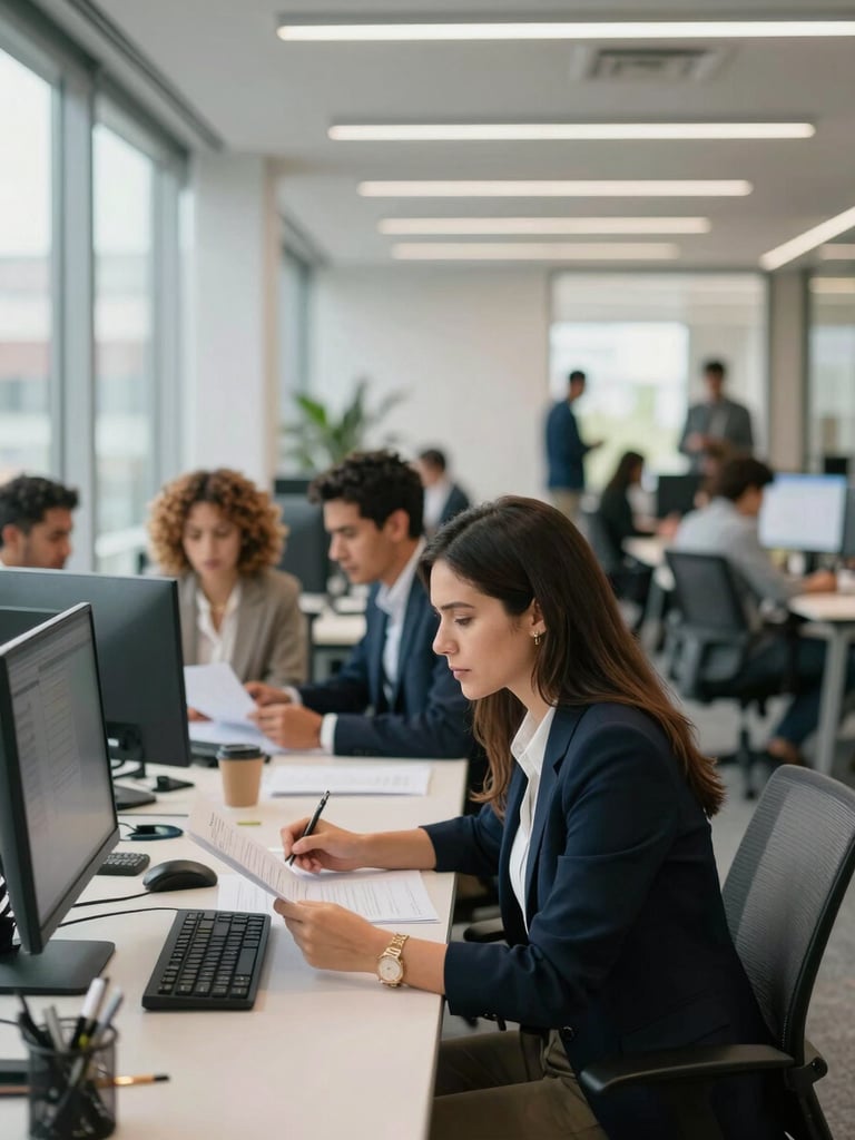 Wide office environment shot from the side, diverse Colombian team members collaborating at modern workstations, natural daylight streaming through large windows, shallow depth of field isolating a woman reviewing documents in the foreground, open-plan corporate office in the background