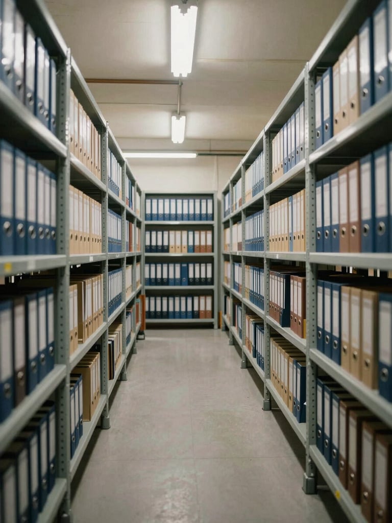 Wide environmental shot of an industrial archive room, rows of labeled binders on metal shelving units receding into depth, overhead fluorescent lighting, no people present, documentary framing from a low center angle showing structural order