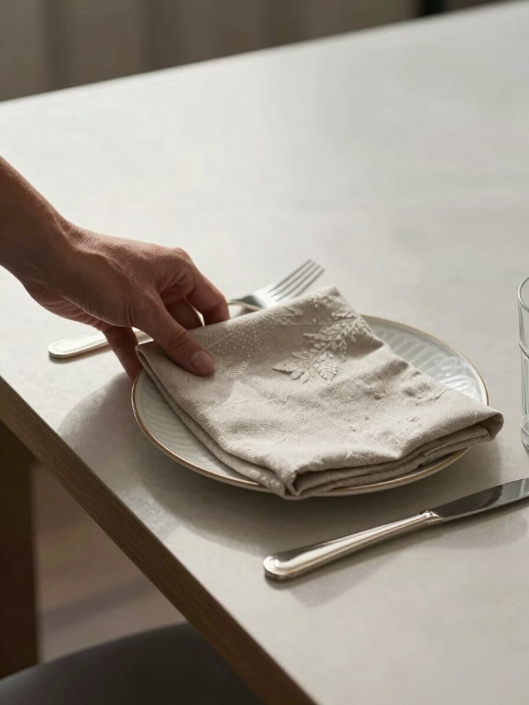 Close environmental shot of a dining table being set — a hand placing a folded linen napkin beside a porcelain plate, silverware arranged with care, north-facing daylight falling softly from the left, negative space in the upper right of the frame