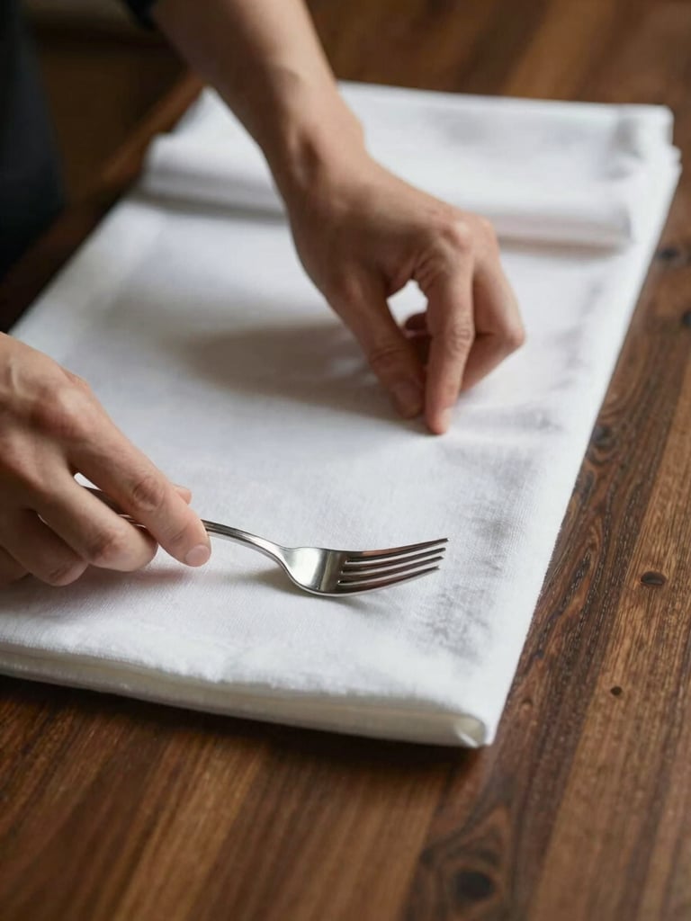 Wide environmental frame, right edge bleeding to canvas: close view of composed hands arranging a white linen place setting on a dark walnut table, a folded napkin and silver fork being positioned with care, warm tungsten interior light casting soft shadows, shallow depth of field, no faces visible