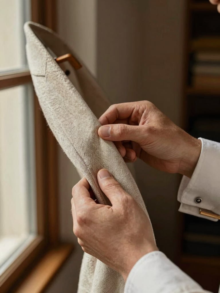 Close-up of hands smoothing a linen jacket lapel near a window, warm tungsten interior light catching the weave of the fabric, cufflink visible at the wrist, quiet environmental detail in soft focus behind