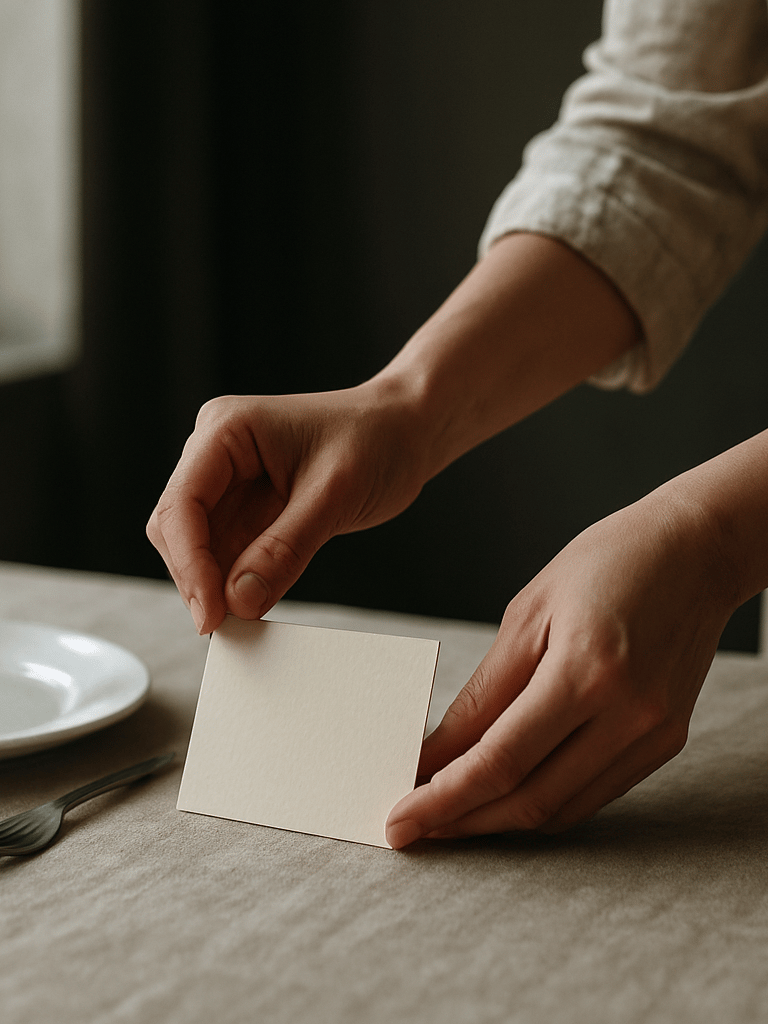 Environmental portrait — a woman's hands arranging a single place card on a linen-draped table near a tall window, north-facing daylight filtering across her wrists and the cream card, shallow depth of field, no face visible