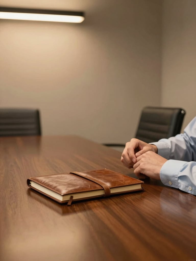 Environmental wide shot of a quiet corner of a boardroom — a leather notebook open on a polished table, a pair of hands resting beside it adjusting shirt cuffs, warm tungsten light pooling from a side lamp, generous negative space to the left