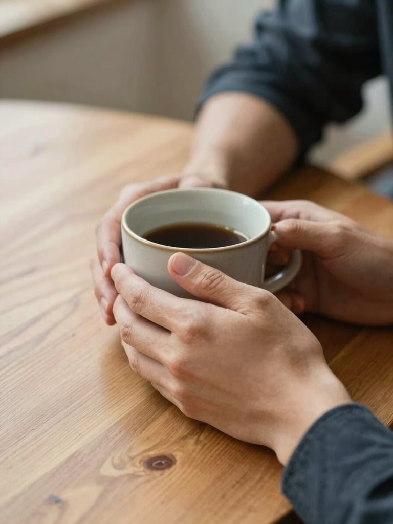Close-up of hands holding a warm ceramic cup on a wooden table, soft natural daylight, representing a calm, supportive conversation.