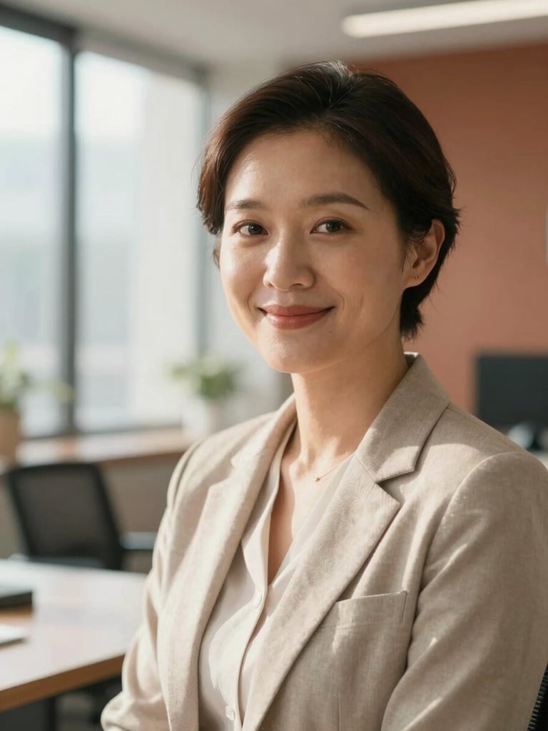 Warm and approachable portrait of a professional smiling gently in a bright office, soft natural daylight, terracotta accents in background.