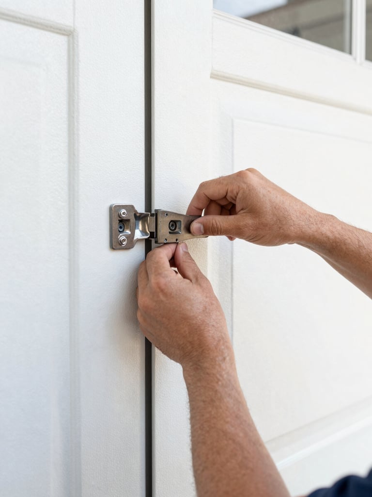 Close-up of a technician's hands installing heavy-duty steel hinges on a clean garage door panel, crisp documentary style, sharp focus