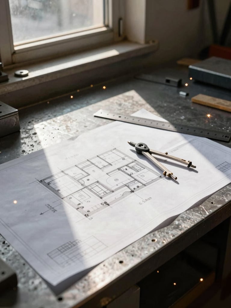 Architectural blueprint laid out on a steel workbench in a workshop, warm natural sunlight streaming from a window, a metal ruler and compass resting on the paper, 35mm