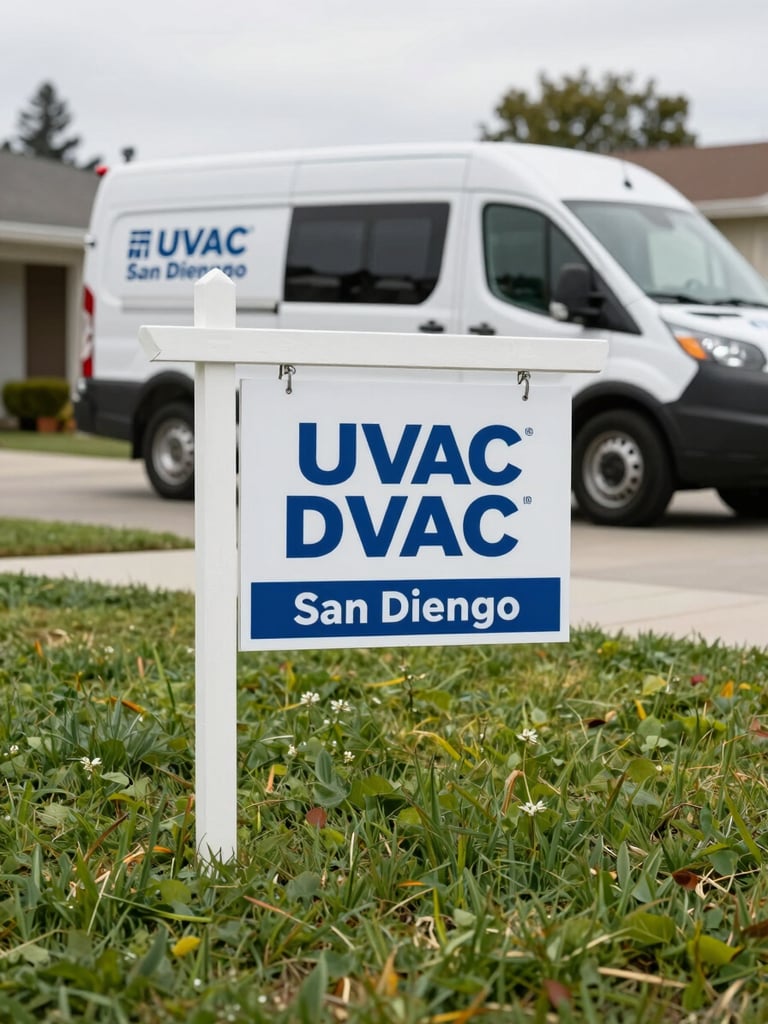 Wide environmental shot looking down a San Diego residential driveway, branded yard sign for an HVAC company staked in the front lawn, the service van visible in the background with a full vehicle wrap, natural daylight, no people, sharp detail on the signage lettering, low framing close to the ground