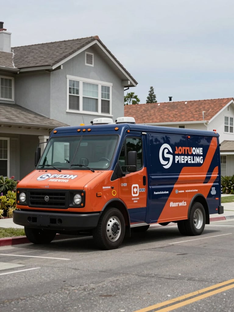 Wide environmental shot of a branded plumbing truck parked at the curb of a San Diego residential street, full vehicle wrap in navy and terracotta-orange visible from the front quarter, a craftsman-style house behind it, midday natural light, no people