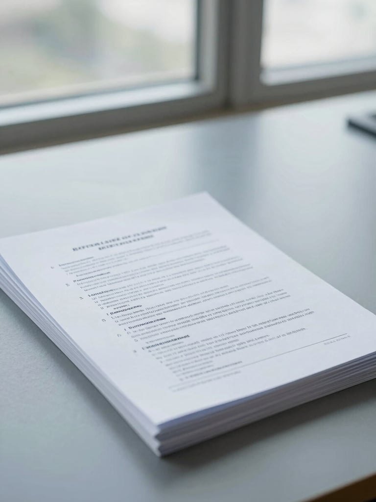 Close-up of high-quality printed policy documents stacked on a slate gray desk, soft daylight from a large window, sharp focus, 35mm lens