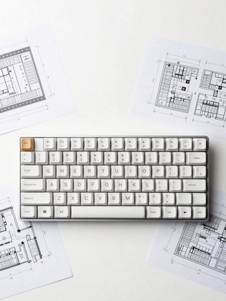 Crisp technical product photography, top-down flat lay of a modern minimalist workspace with a clean mechanical keyboard and technical schematics, bright even studio light