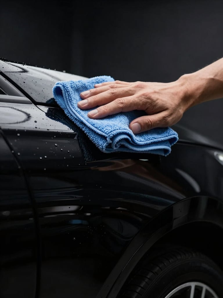 Professional detailer with a microfiber towel polishing a glossy black car fender, dramatic studio lighting, deep reflections, sharp focus on the hand movement