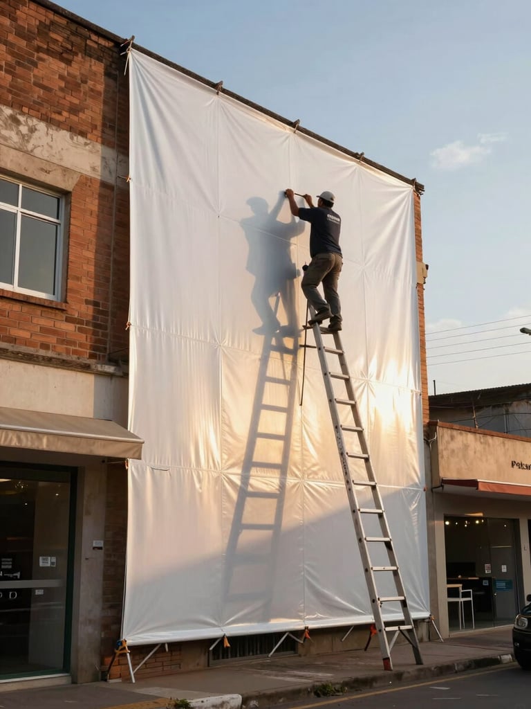 Wide environmental shot of a large vinyl banner being installed on a brick building facade in a small-town Brazilian street, worker on a ladder, golden hour light catching the banner surface, storefronts visible in the background