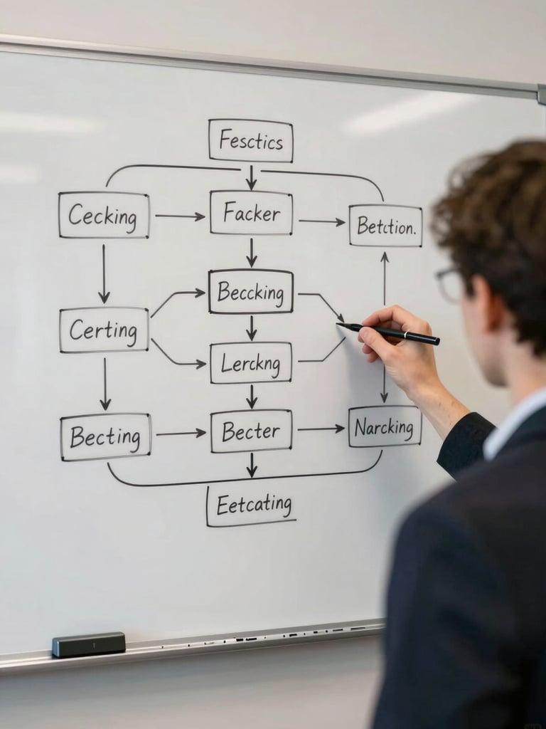 Over-the-shoulder view of a clean whiteboard with hand-drawn system architecture flowcharts, crisp black lines, neutral office daylight.