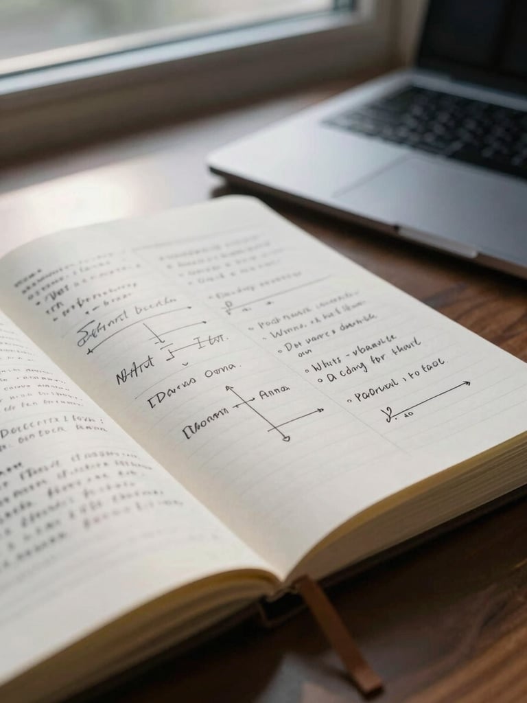 Close-up of an open research notebook on a desk, dense handwritten annotations and structured diagrams visible, a laptop partially in frame at the edge, cool north-facing window light raking across the paper surface