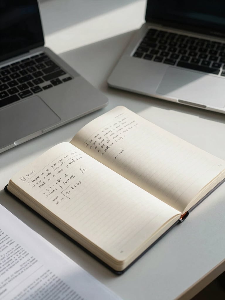 Close wide shot of a research desk from above — open notebook with handwritten annotations beside a laptop, a printed journal article with margin notes, cool north-facing daylight raking across the surface, minimal depth of field on the paper texture