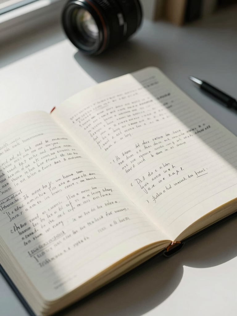 Close-up of open research notebooks with handwritten annotations on a clean desk, cool north-facing daylight from the left, pages filled with dense marginal notes and highlighted passages