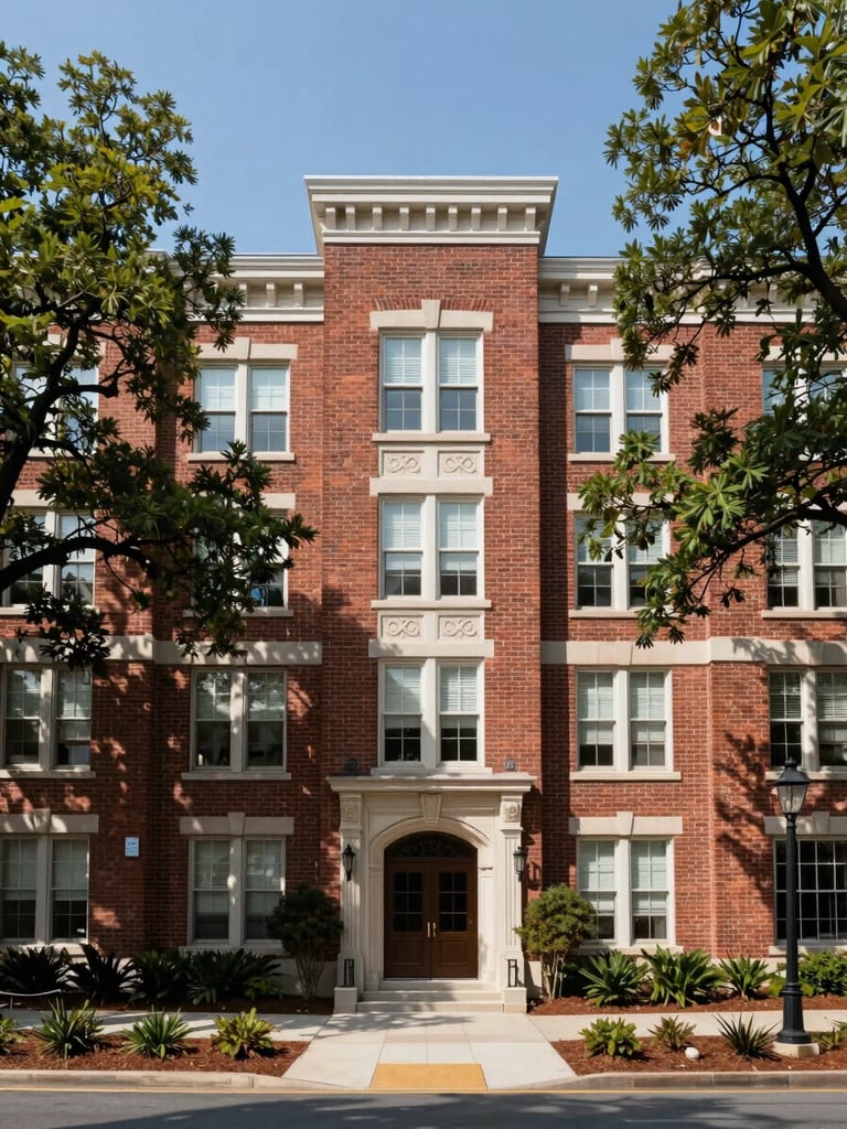 Straight-on architectural elevation of a classic brick apartment building in Charlotte under bright midday Southern sun, mature oak trees framing the sides, clear blue sky, clean modern landscaping.
