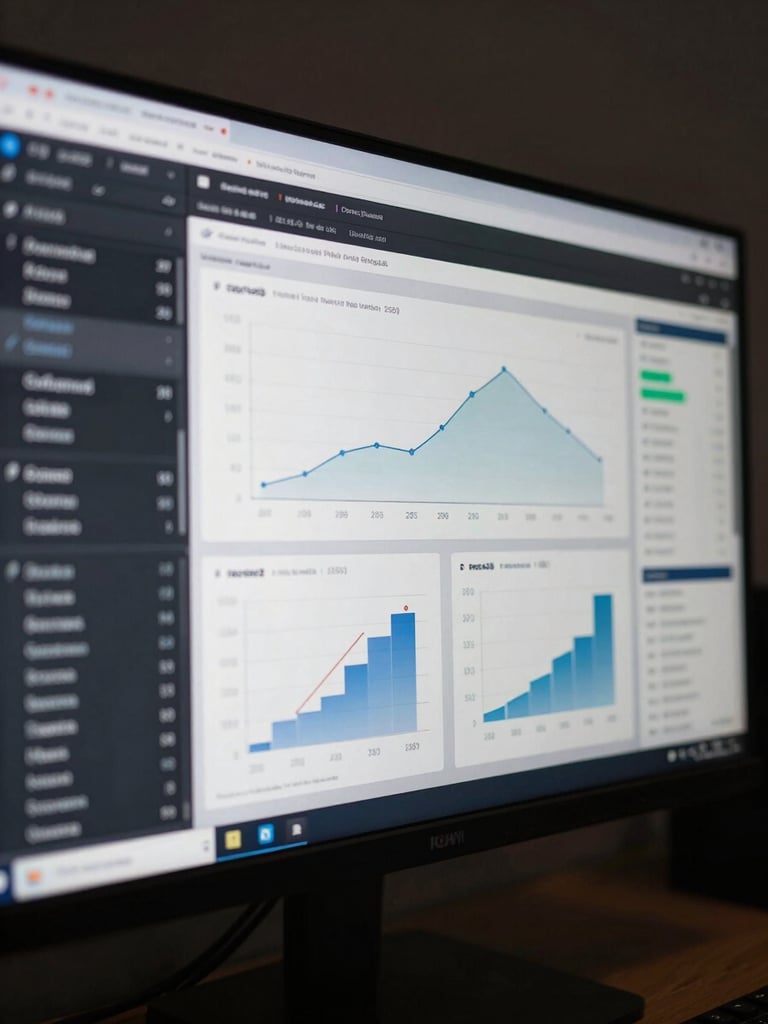 Wide environmental shot of a performance marketing dashboard on a large monitor in a dark studio, metrics and ROAS charts visible mid-analysis, north-light documentary style, screen glow the only illumination, tight crop on the monitor surface filling the frame edge to edge