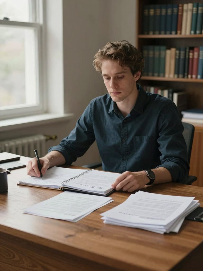 Medium shot of Jonathan at a wide wooden desk, case files and legal documents spread before him, natural daylight from a window at left, hands resting on an open folder, office bookshelves visible in the background, controlled neutral lighting, no posed expression — documentary framing