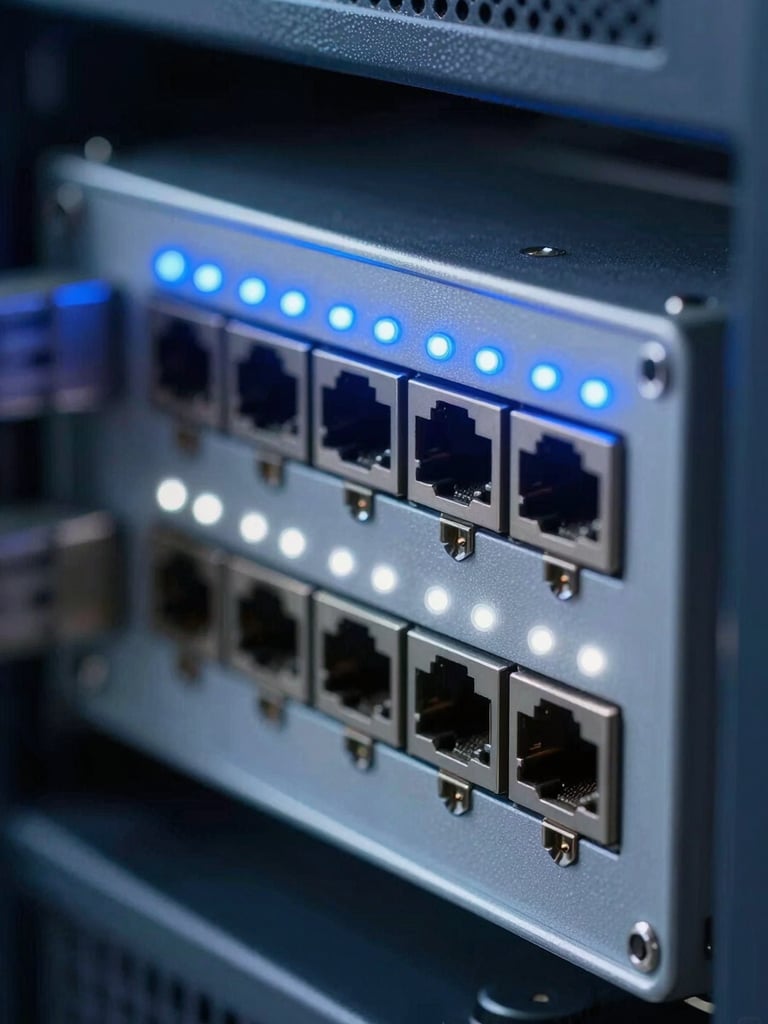 Close-up of networking hardware interface, glowing blue and white LED status lights, clean ethernet ports, crisp technical focus