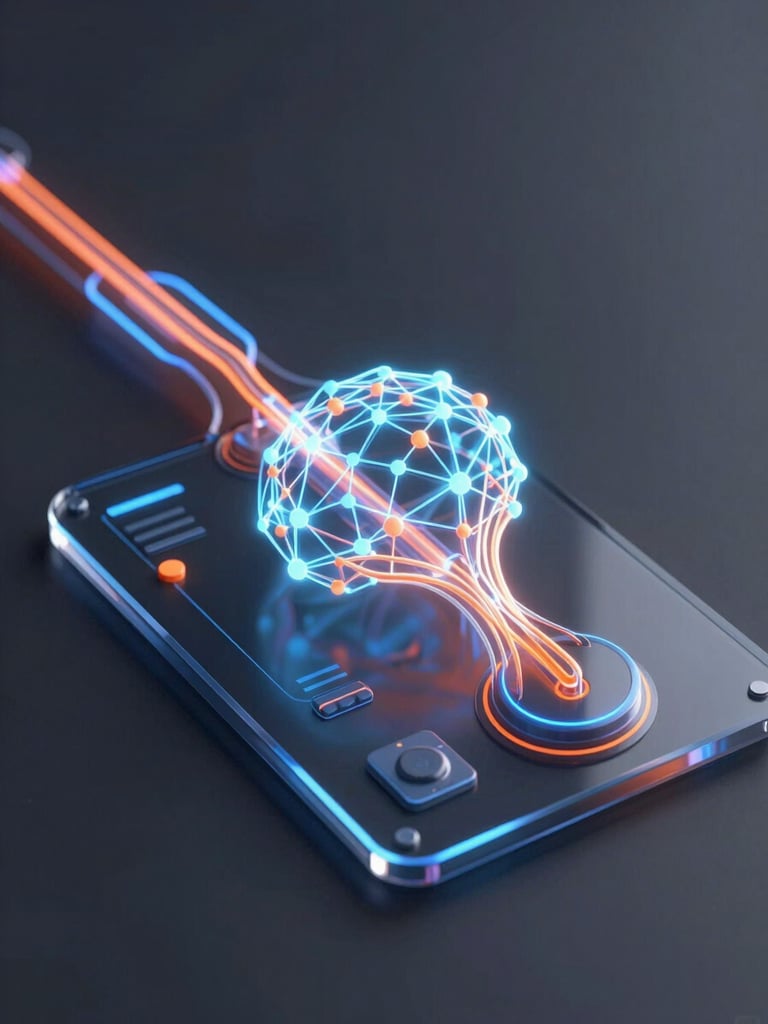 Futuristic 3D render of a glowing neural network pipeline flowing into a glassmorphic dashboard interface, dark slate background, neon blue and orange accents, octane render