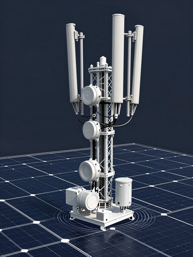 Technical blueprint schematic of an integrated solar and telecom power system, high-contrast white vector lines on a deep slate background.