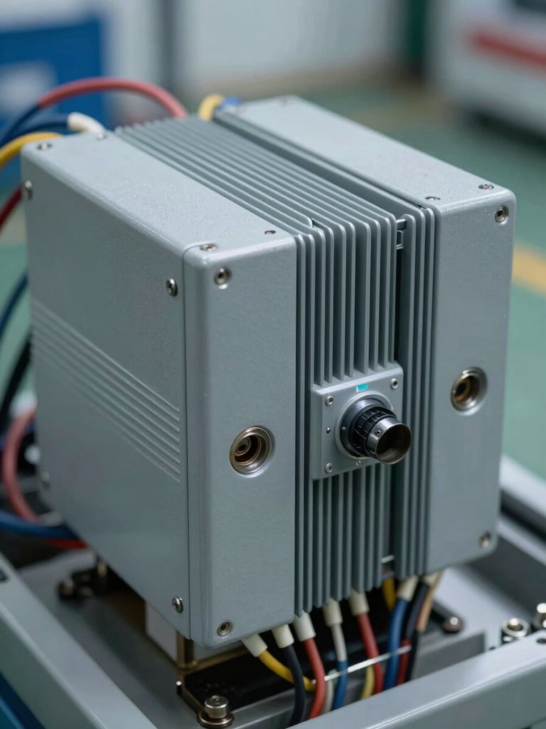 Extreme close-up of a high-voltage industrial inverter and clean wiring harness inside a fleet maintenance bay, cool-toned technical LED lighting