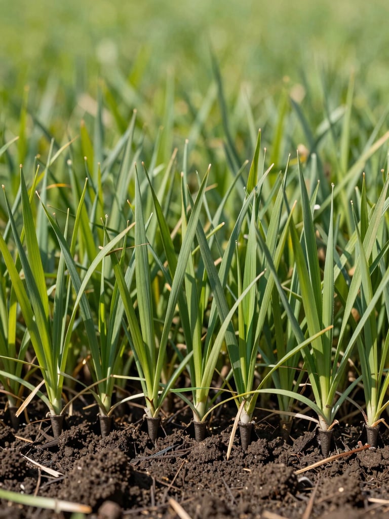 Close-up environmental shot, lush dense turf blades in sharp focus under bright midday sunlight, aeration tines pressed into dark healthy soil visible at lower edge, wide shallow depth of field, no equipment operator visible, just grass and soil texture