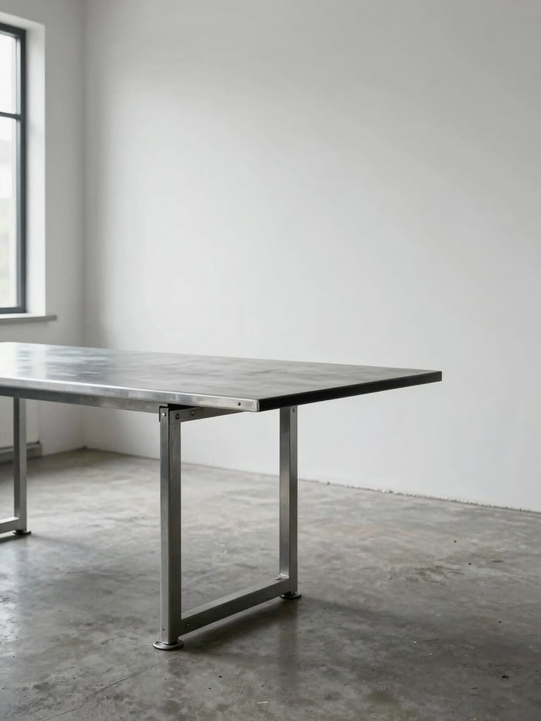 Wide environmental shot, right-bleed composition — a steel dining table in a calm north-lit room, concrete floor, white walls, the table's welded base and flat top occupying the left two-thirds of the frame, generous empty wall behind, cool daylight from an off-frame window casting a clean shadow under the base