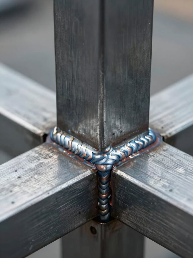 Close-up detail of steel table joint and welded seam, cool studio lighting revealing the precision of the weld bead, the joinery sharp and visible, steel surface catching light without reflection, shallow depth of field isolating the joint