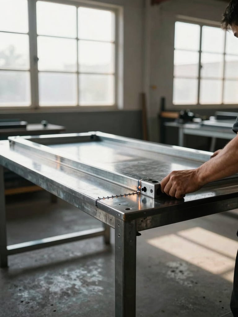 Wide shot of a workshop interior, morning light from north-facing windows illuminating a steel table in assembly, close detail of welded seams visible in warm but cool daylight, maker's hands positioning frame joints, steel surfaces catching light without gloss, concrete floor, minimal background clutter, emphasis on construction honesty and material presence.