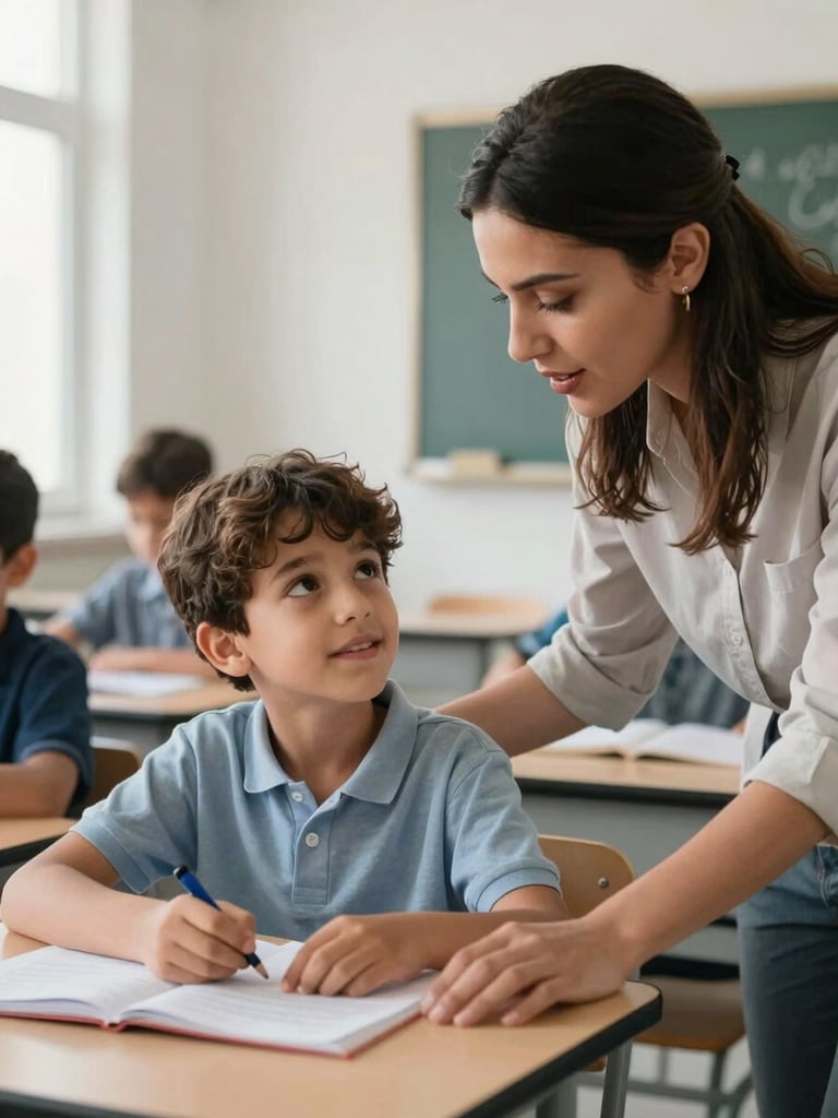 A medium close-up of a professional teacher guiding an Egyptian child during a morning school-prep session, bright natural light, clean modern classroom setting, focus on supportive interaction.