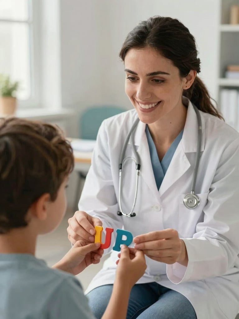 A close-up of a female speech therapist warmly smiling, guiding an Egyptian child who is holding colorful letters, bright natural morning light, clean modern classroom background