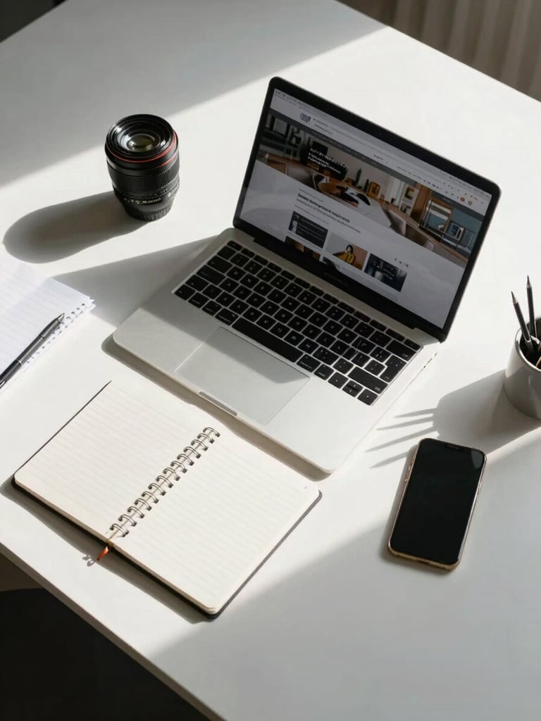 Overhead flat-lay of a clean desk workspace — single open laptop showing a website dashboard, one notebook, minimal objects, north-facing daylight, sharp shadows, organized and precise