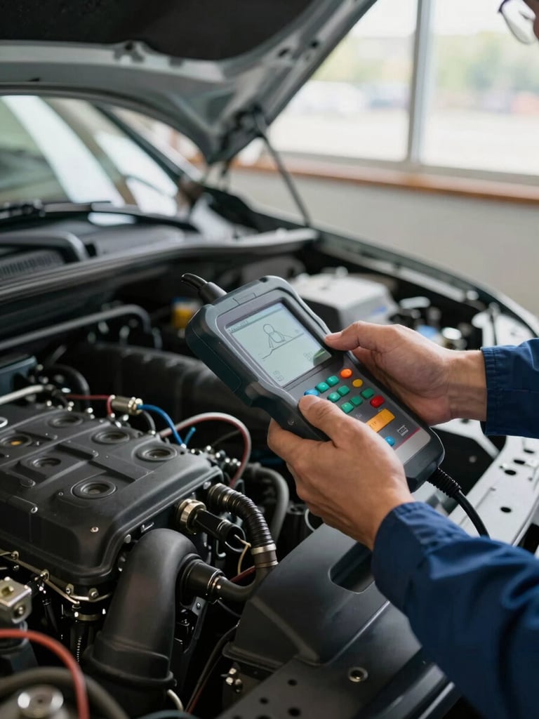Close-up of a technician's hands holding a diagnostic scan tool over an open engine bay, natural daylight streaming through a shop window, wiring harness and engine block visible in sharp focus, no posed elements