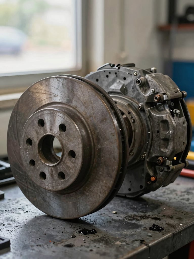 Close-up overhead shot of a worn brake rotor and caliper removed and laid on a workbench next to a new replacement rotor, natural daylight from a nearby window, both parts clearly visible side by side, grease marks and wear lines on the old part