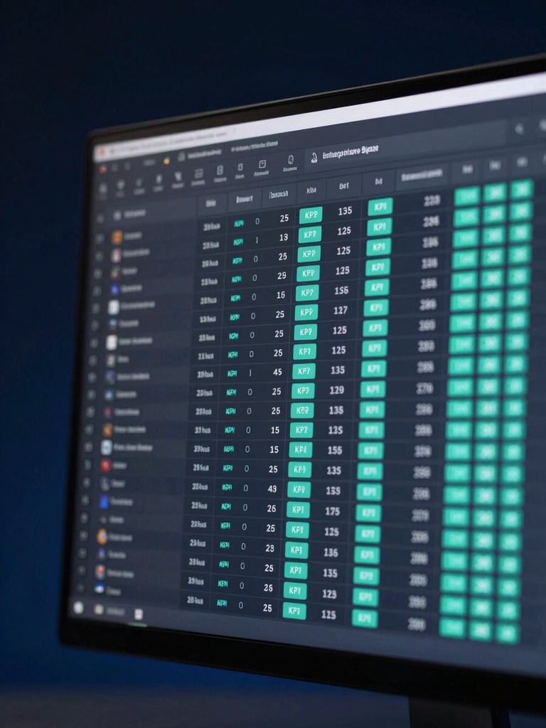 Extreme close-up of a dark enterprise software dashboard interface, rows of structured data and teal-highlighted KPI metrics on screen, sharp studio strobe lighting from the left casting hard shadow on the monitor bezel, deep navy background, no people visible