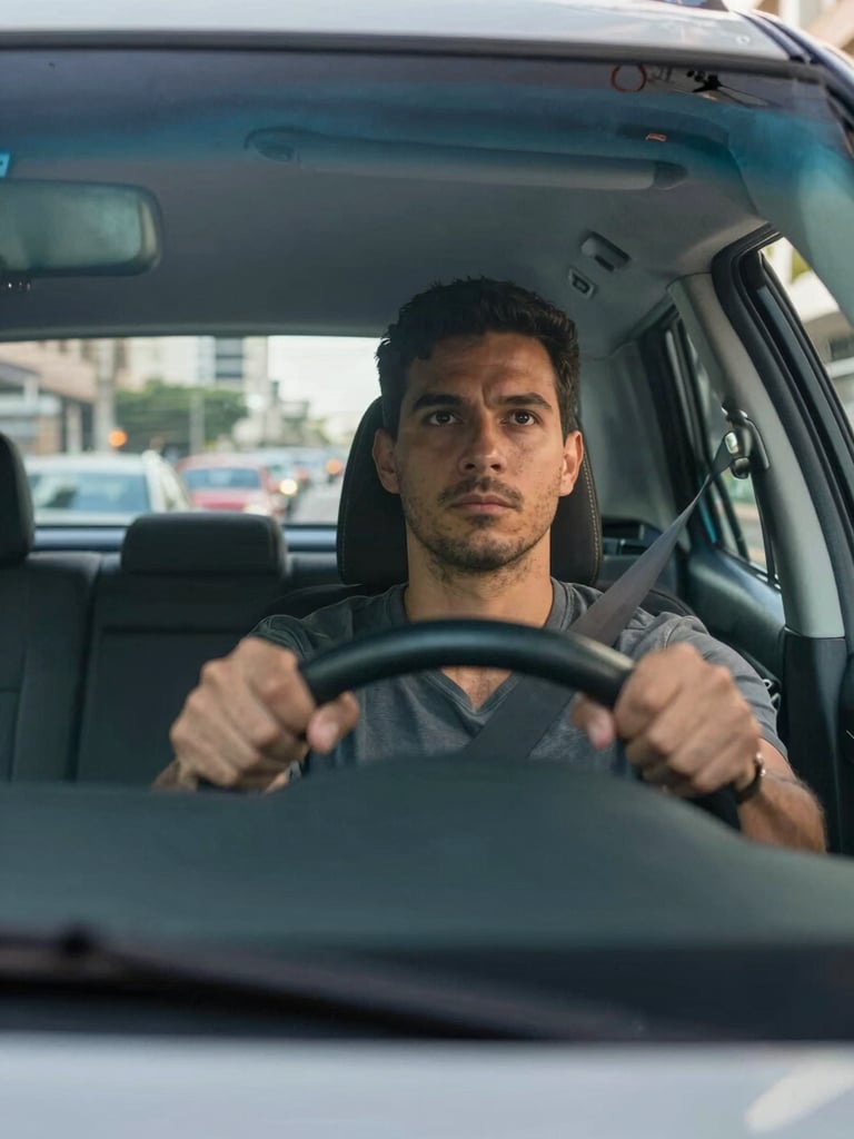 Dynamic low angle looking up through a car windshield from outside — a male driver in his 30s gripping the steering wheel, eyes forward, candid expression of focus. Natural midday urban light flooding the interior. Brazilian city street visible through the rear window, slightly out of focus. No posed smile, no studio lighting.