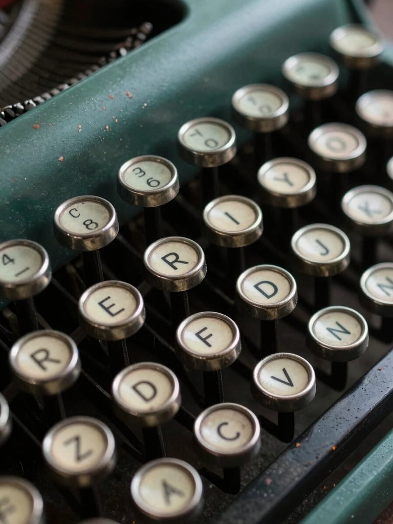 Close-up of weathered mechanical typewriter keys, cold metallic emerald green paint chipped on the edges, dark moody side-lighting.