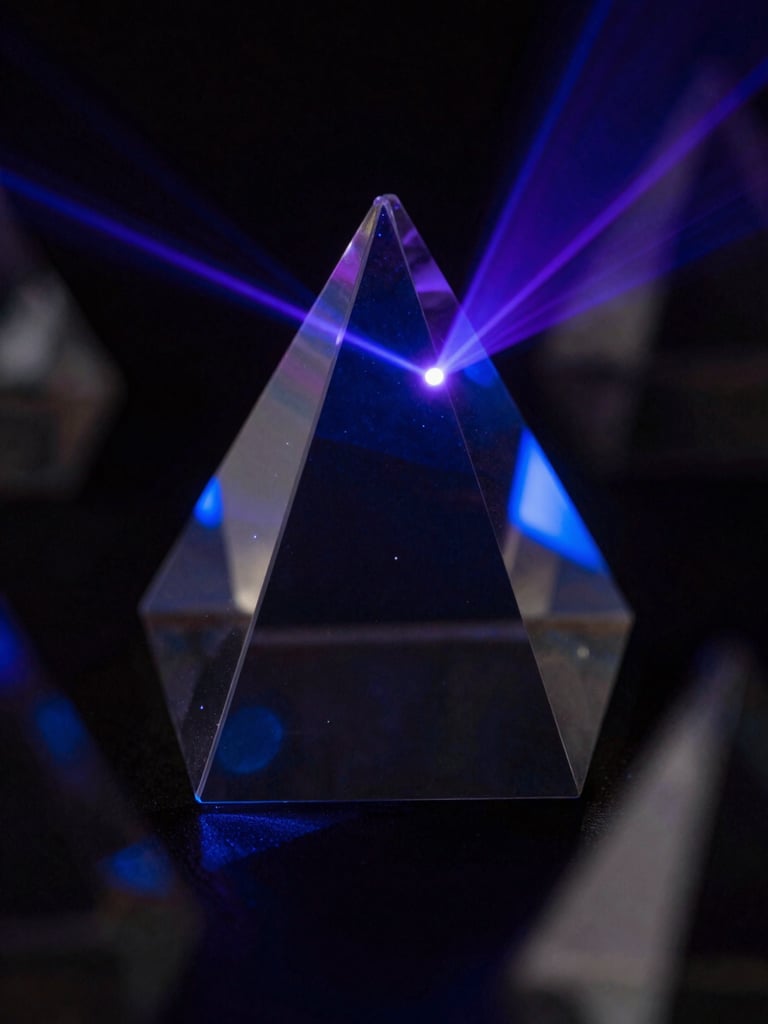 Macro close-up of geometric glass prisms refracting deep blue and purple laser light, dark atmospheric background with high contrast shadows.