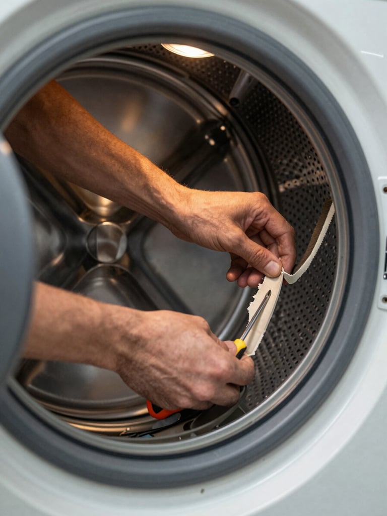 Close-up of a technician's hands pulling apart a dryer drum panel in a laundry room, warm tungsten overhead light, a torn rubber door seal visible, small screwdriver resting on the drum edge