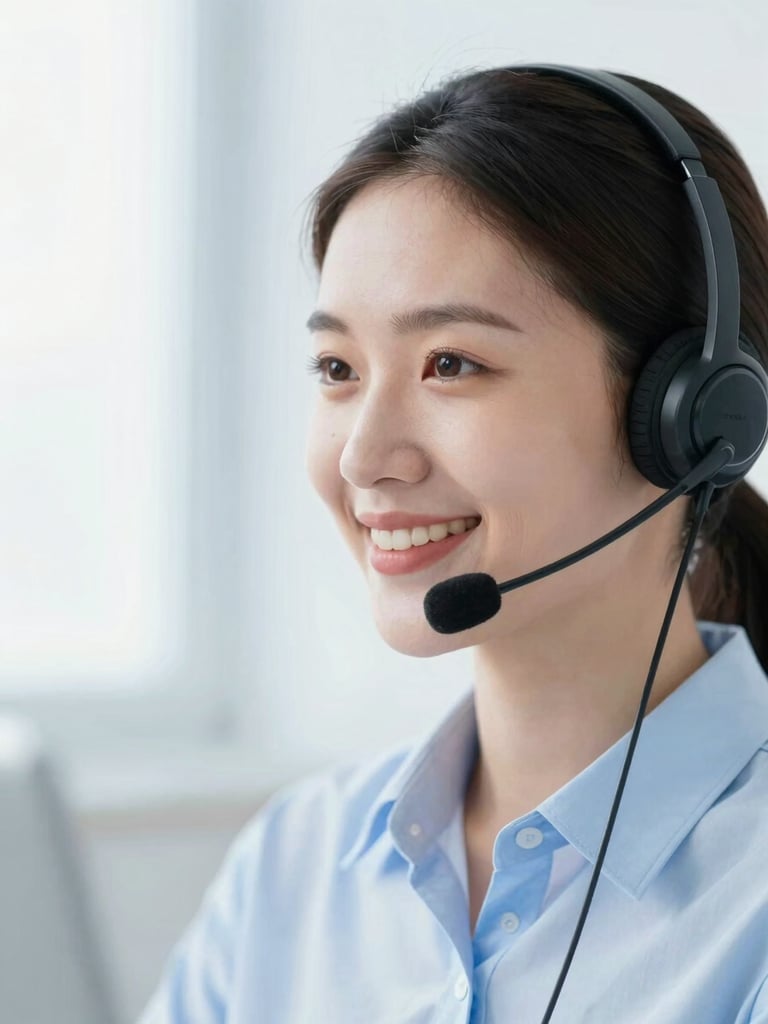 Close-up of a professional customer support agent smiling in a bright cool studio, wearing a headset, clean blue and white tones, sharp focus