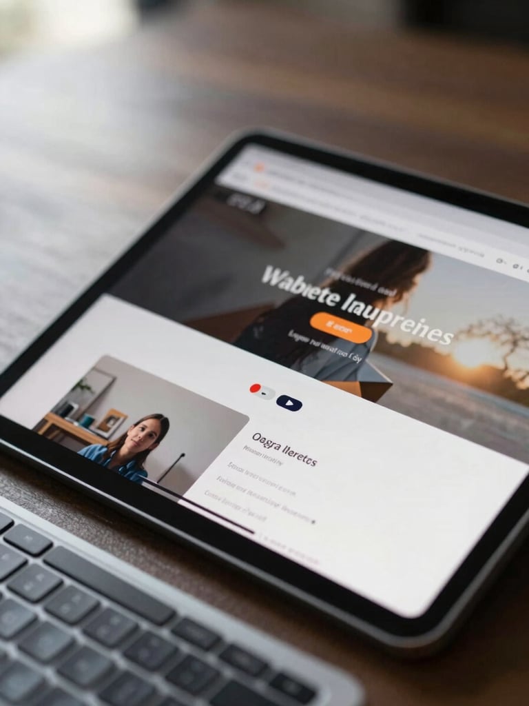 Tablet lying flat on a work desk showing a website with two language toggles visible in the navigation bar, natural daylight from the left, tight shot on the screen and keyboard edge